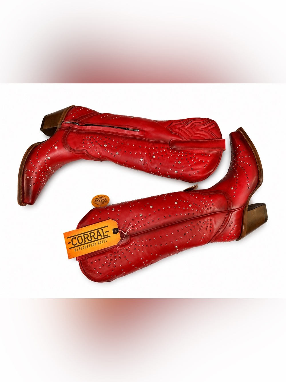Corral Red Studded Tall Western Boots Sz 7 Snip Toe Side Zip NWT - Picture 5 of 16